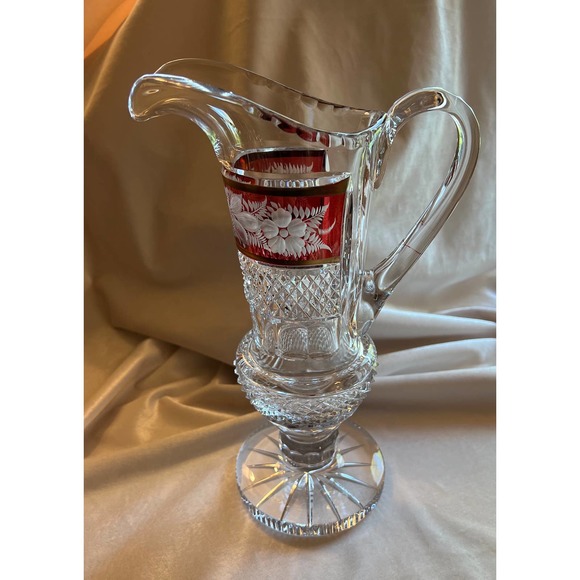 Antique Ruby and Clear Crystal Glass Pitcher